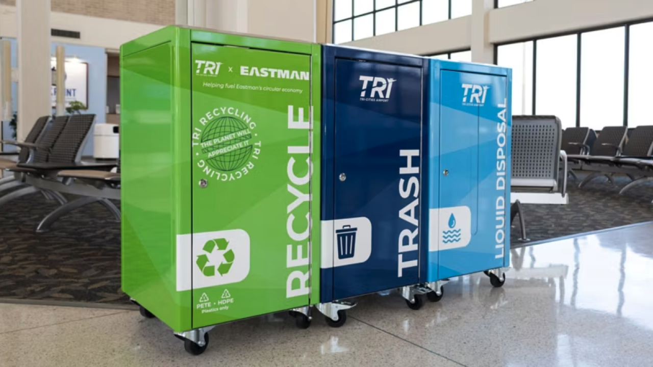 New recycling and trash bins in an airport