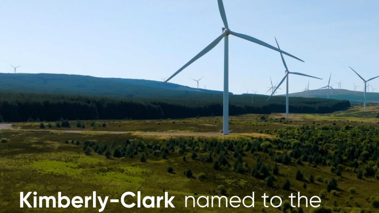Wind turbines. Text reads: "Kimberly-Clark named to the Carbon Clean200 list for the fifth time.