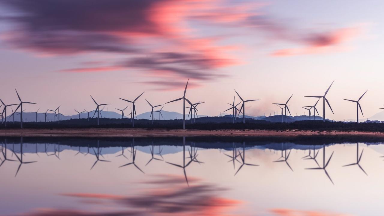 A group of wind turbines behind a body of water. The setting sun to the right.