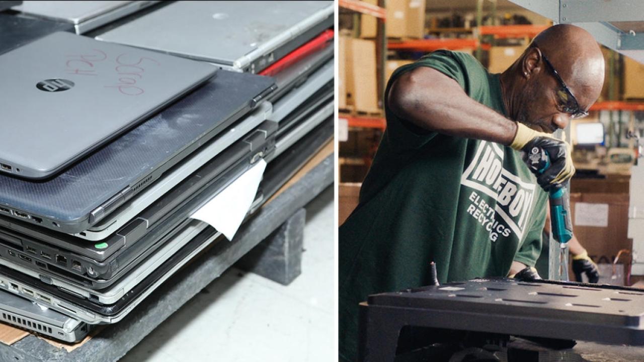 left: a stack of recycled laptops, right: a man in safety gear holds a drill at a workbench