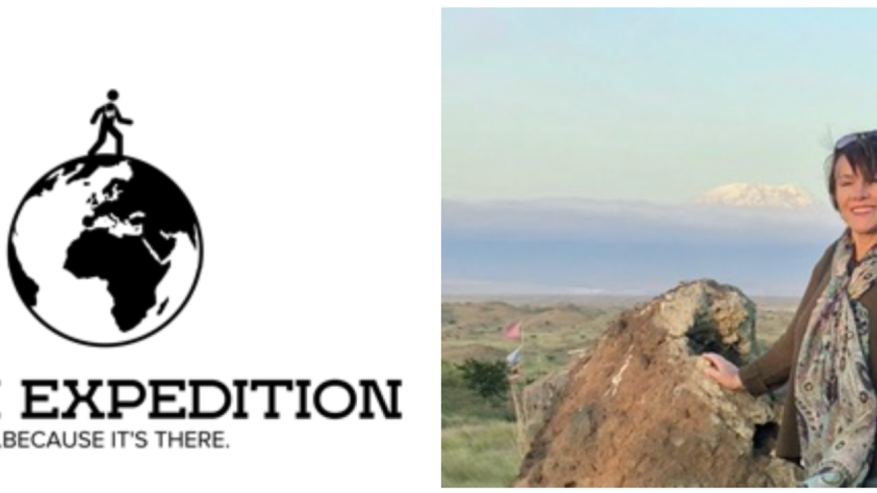 Gabriele Brown on top of a mountain and the Urth Expedition logo