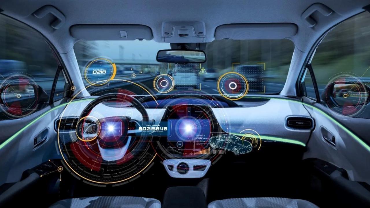 The interior of a vehicle with digitized overlay with different measurement devices.