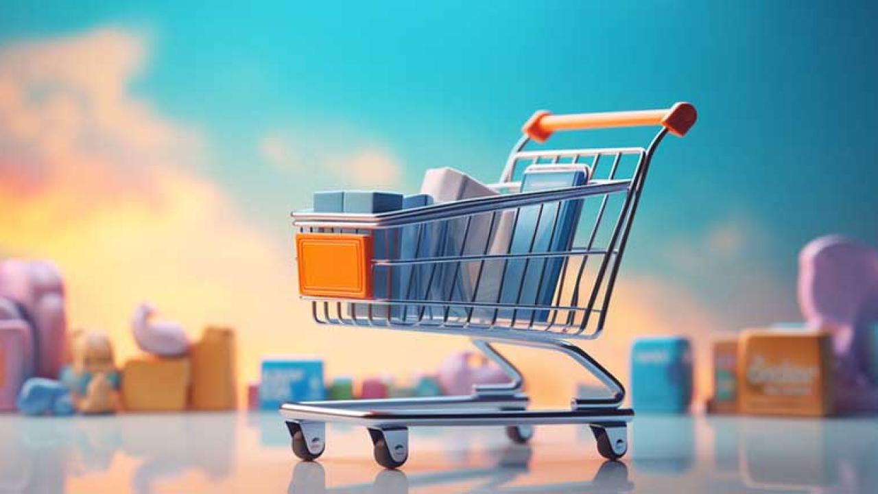 Digital rendering of a shopping cart full of products, cloudy sky background with a line of products at the horizon
