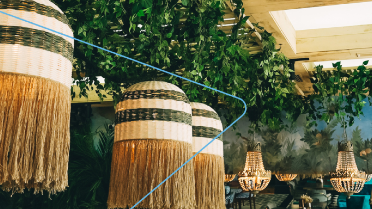 Decorative lighting and chandeliers with greenery at a venue.