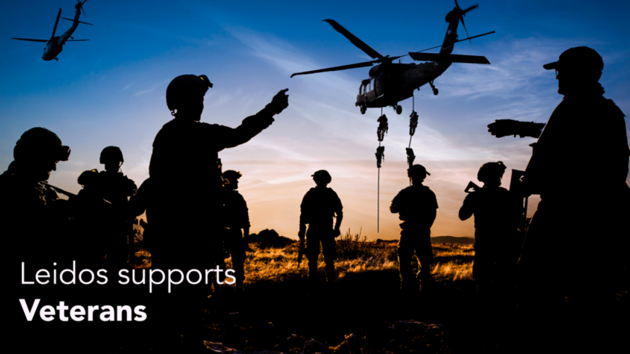"Leidos Supports Veterans" over an image of silhouetted soldiers on the ground as some descend from a helicopter.