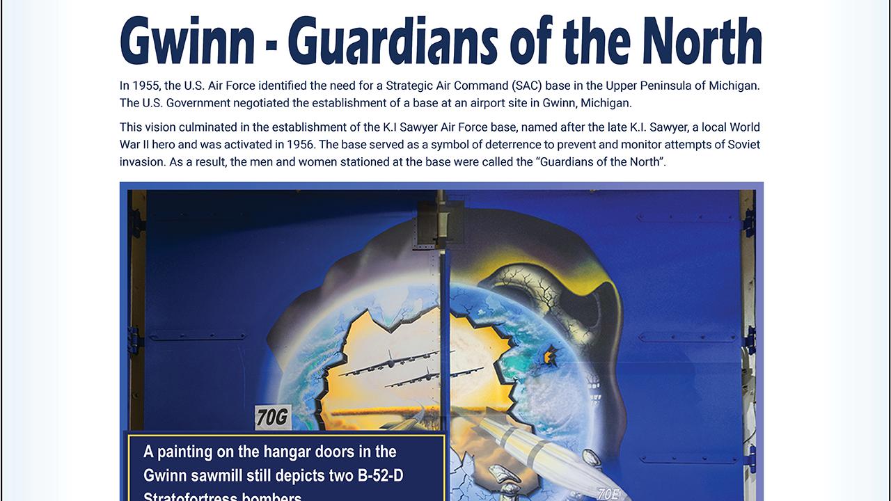 Info graphic "V Salute" Mission statement and "Gwinn-Guardians of the North" with profiles, illustrations.