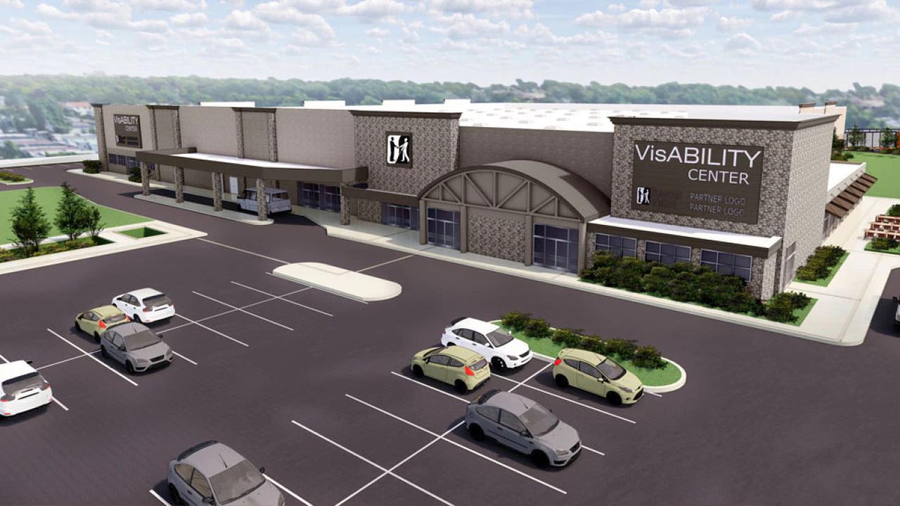 3D rendering of the visABILITY center, parking lot in front