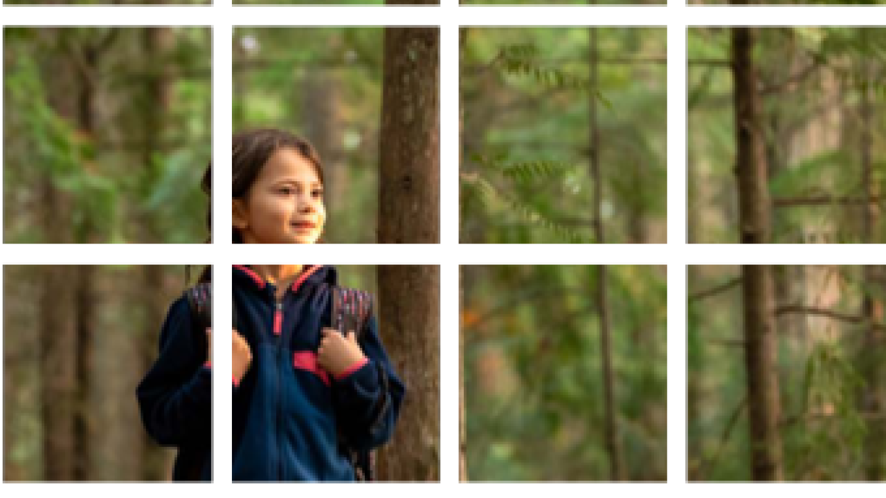 24 block grid creates a photo of a child hiking through a forest