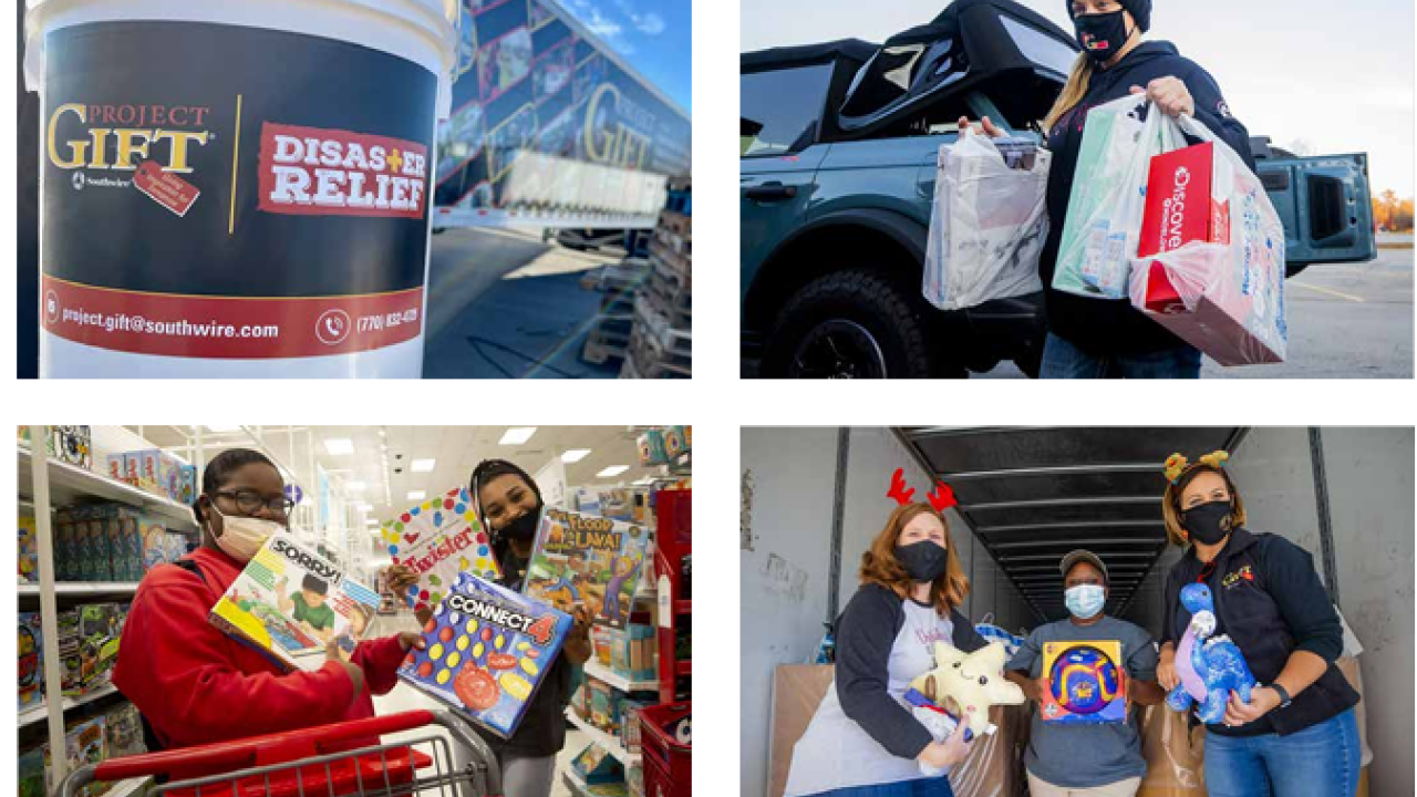 Collage of four photos: A bucket labeled 'disaster relief', a person unloading bags from a truck, two people in a store holding board games, and three people holding toys in the back of a trailer.