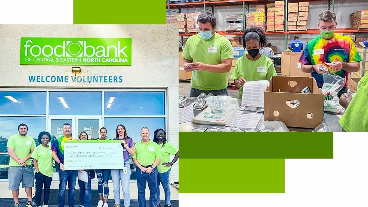 Collage of colunteers packing boxes with food and standing outside a food bank holding a large check