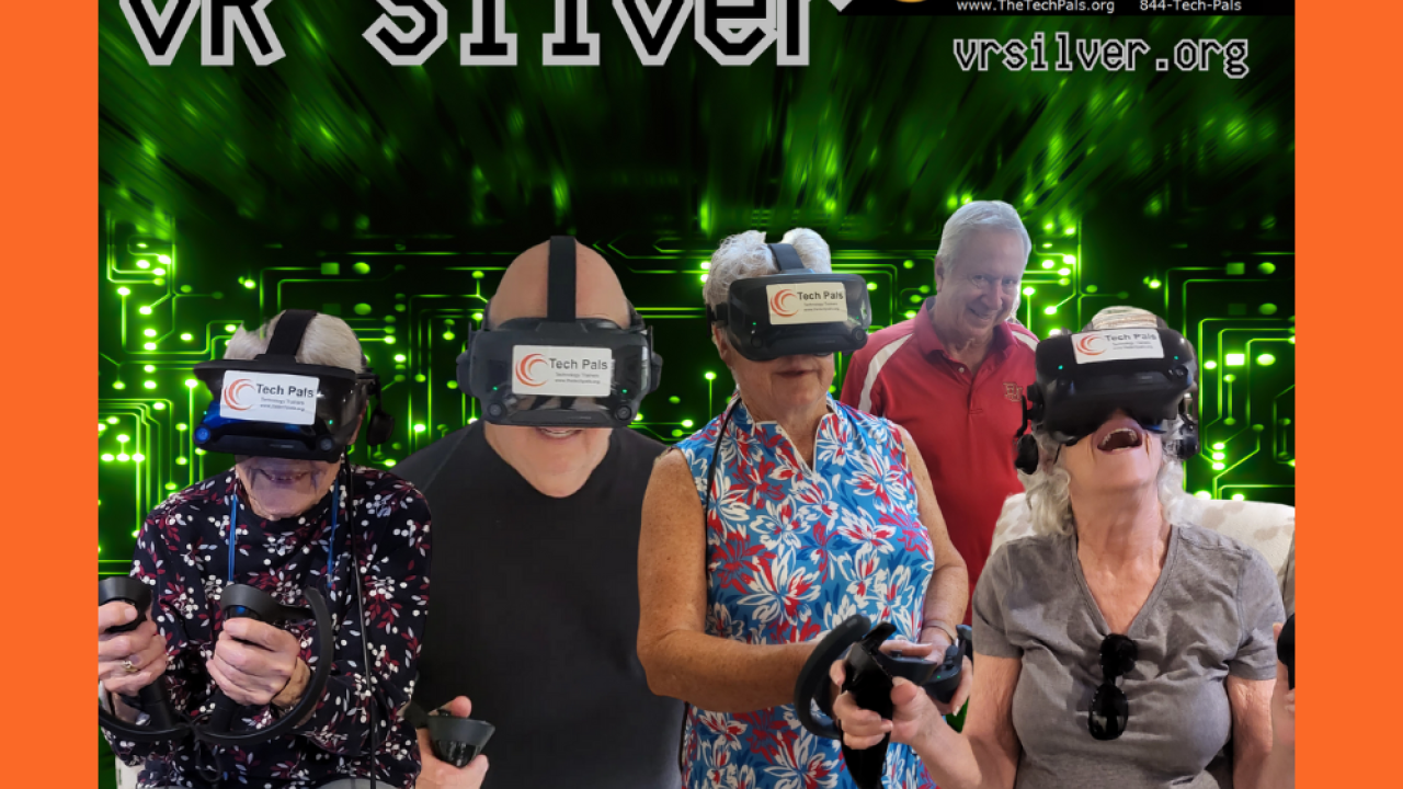VR Silver Tech Pals vrsilver.org and five people using VR headsets and controllers.