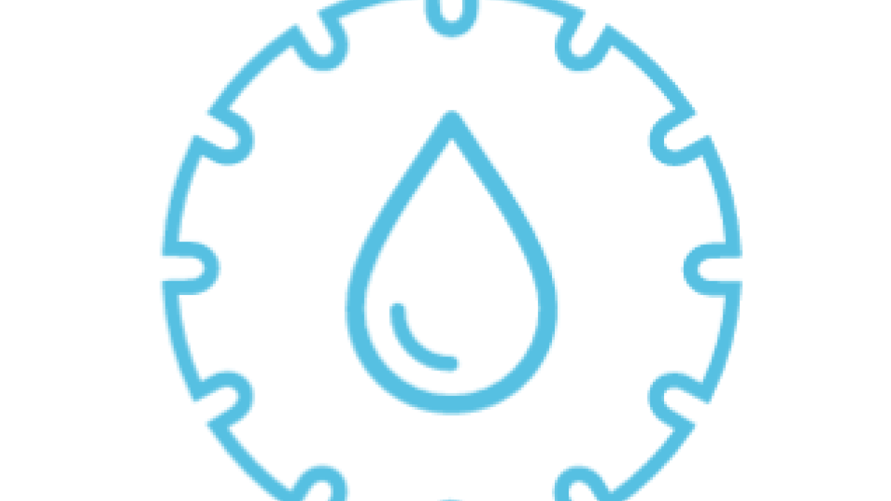 Blue line drawing of a water drop inside a gear.