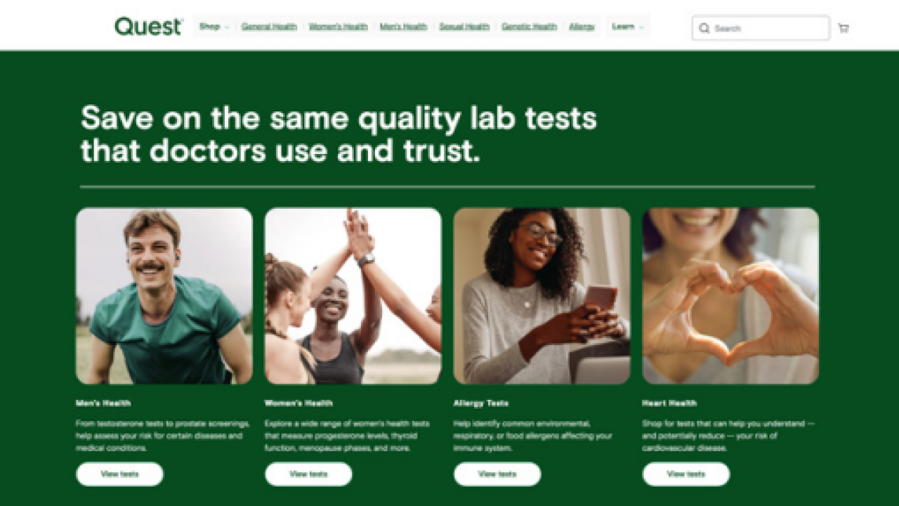 Screenshot of the Quest website, four categories to select.