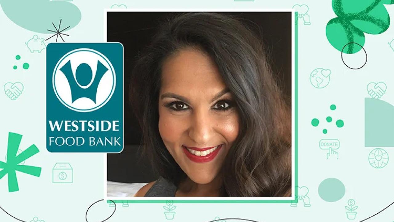Renu Mevasse with a frame of green symbols and Westside Food Bank logo.