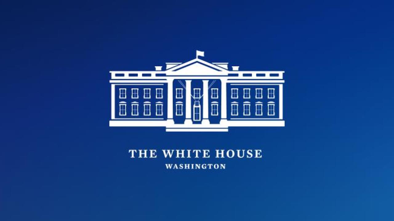 "The White House" and line sketch of the front of the white house in white on a blue bakground
