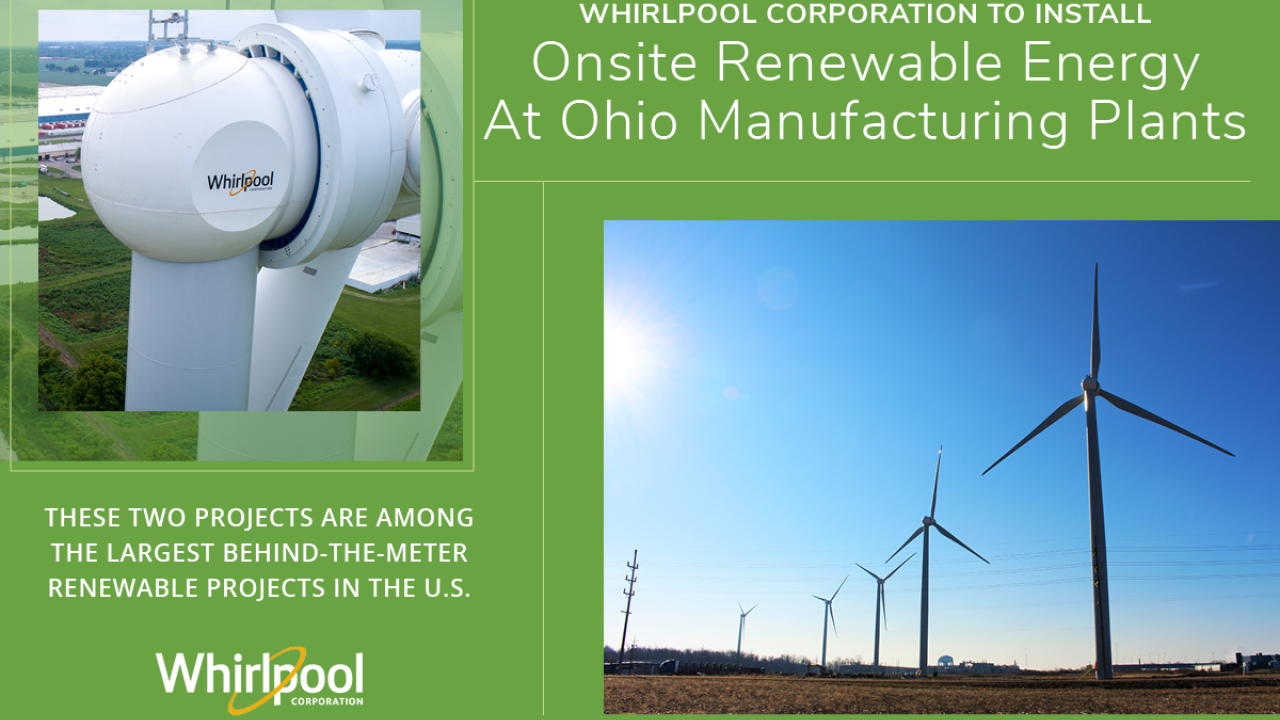 Two images of wind turbines. "Whirlpool Corporation to Install Onsite Renewable Energy At Ohio Manufacturing Plants."