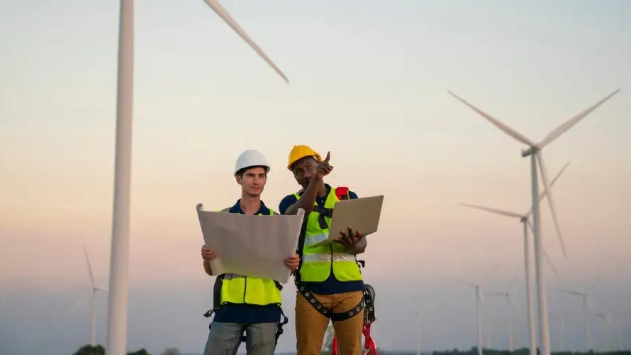 two people standing near windmills
