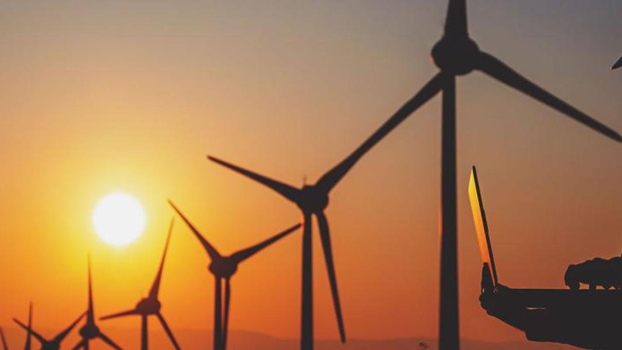 A person on a laptop, a row of wind turbines and a setting sun behind them.