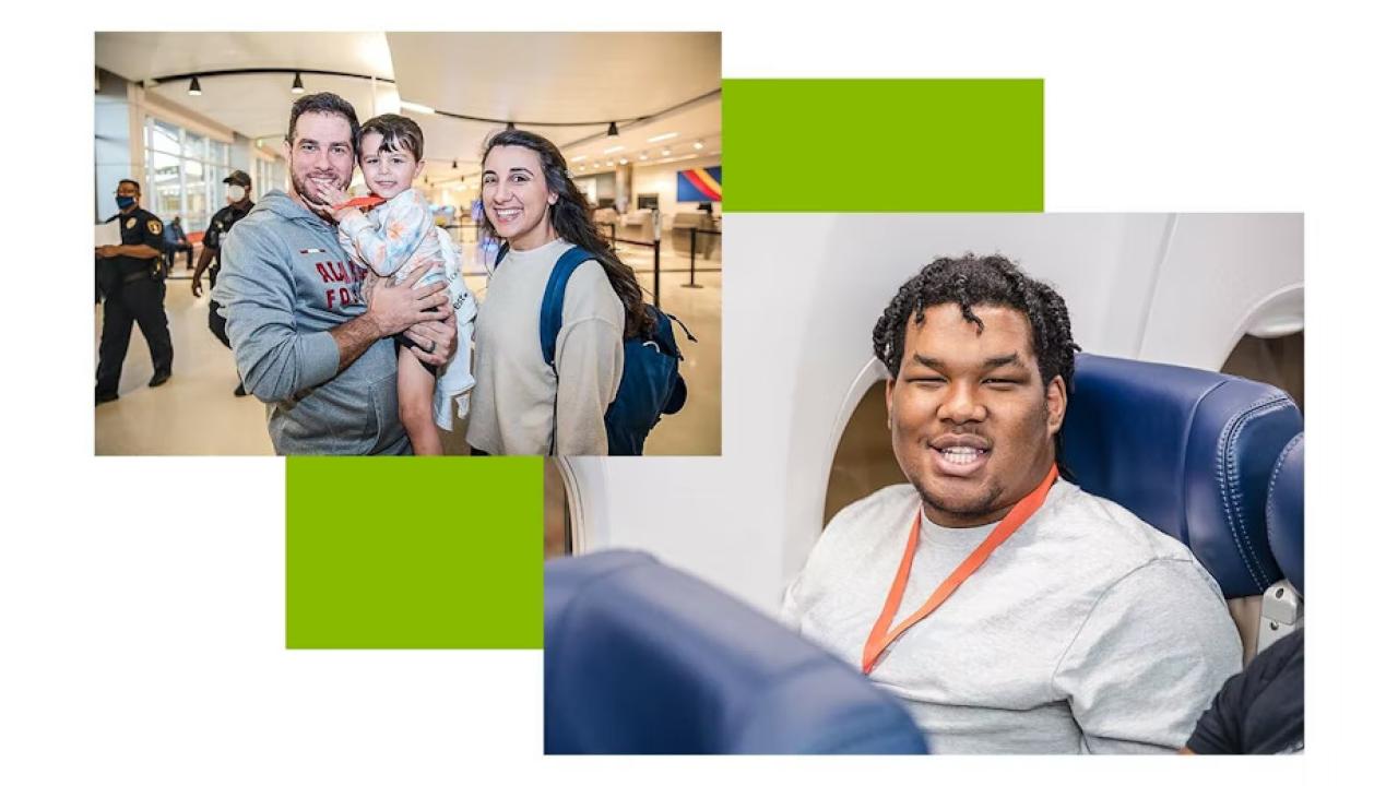 Collage of two photos: Two adults, one holding a child, in an airport, and a person sitting in an airplane seat.