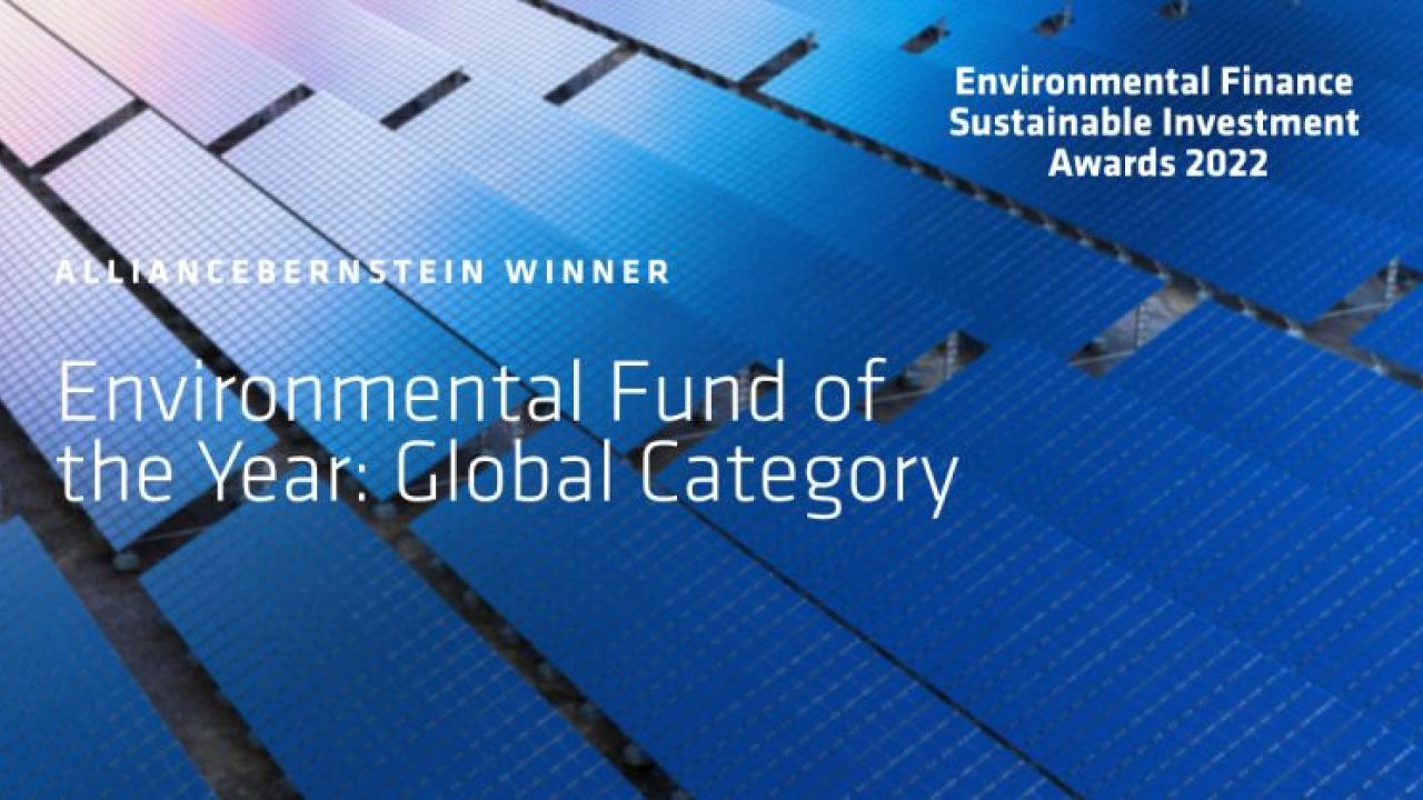 background of rows of solar panels. "alliancebernstein winner environmental fund of the year: global category"