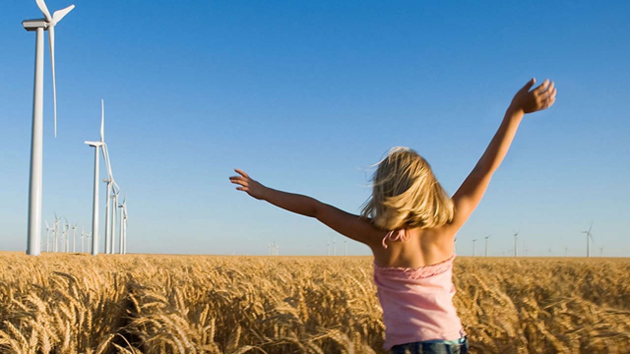 A child running through a crop field. Wind turbines in the distance.