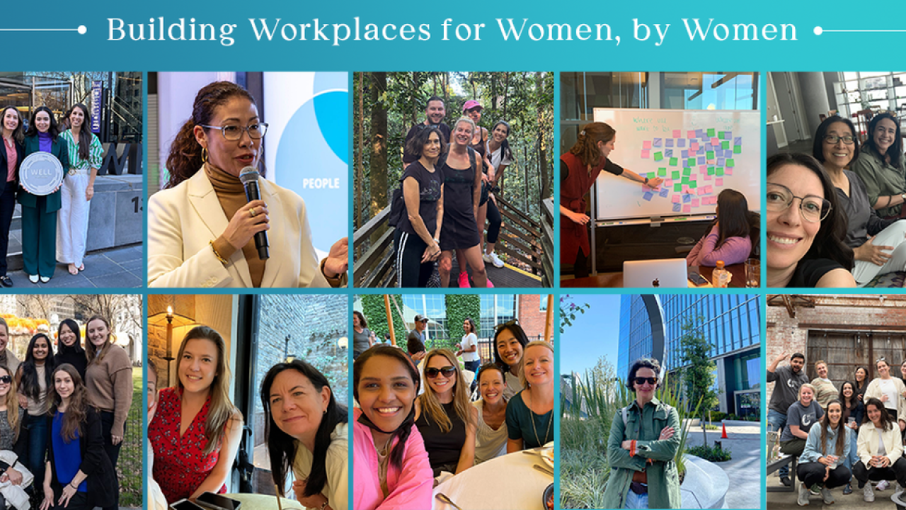"Building Workplaces for Women, by Women" with collage of women