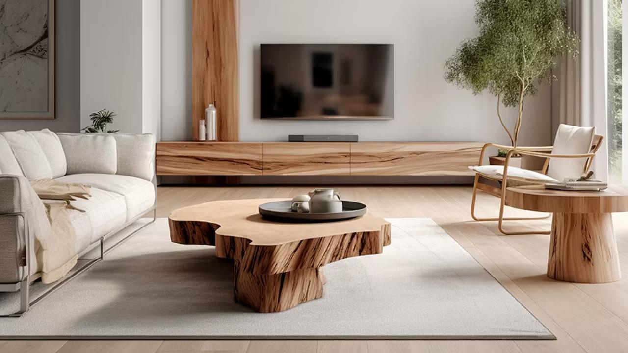 A living room retting with wooden tables, a couch and chair, wooden entertainment center and accents.
