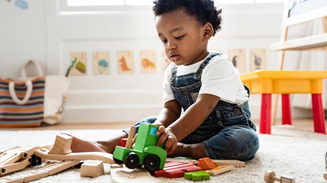 A child seated on on the floor playing with wooden toys.