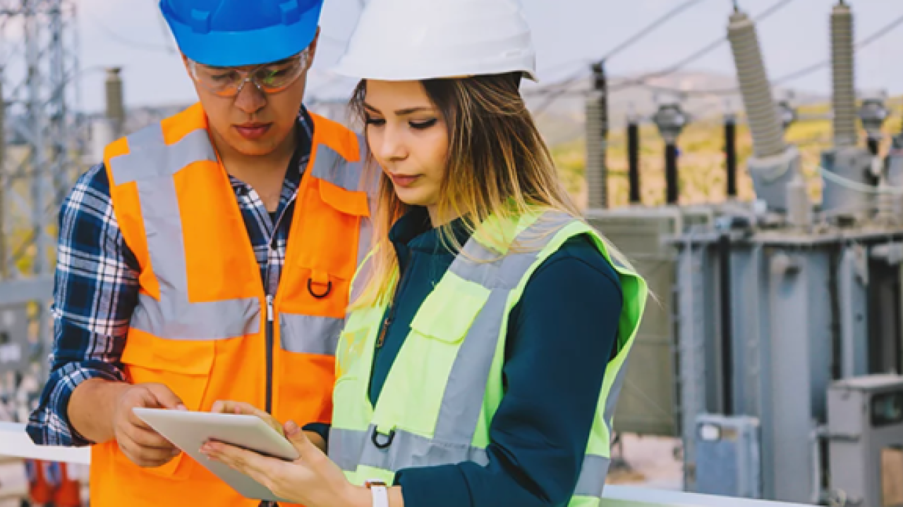 two construction workers using a tablet 