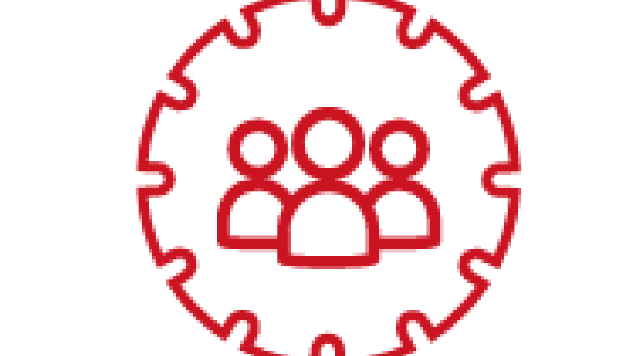 Red line drawing of a gear with three people inside.