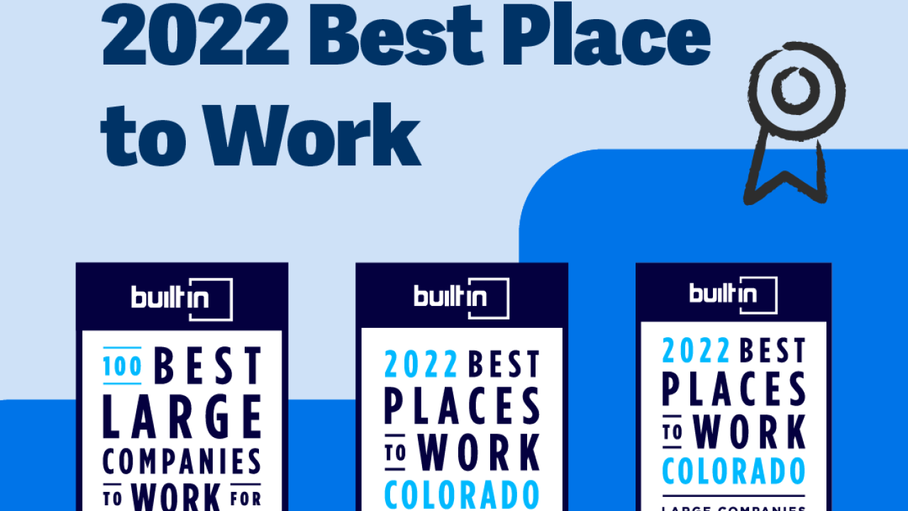 Workiva Named 2022 Best Place to Work award. 100 Best large companies to work for. 2022 Best places to work in Colorado. 2022 Best places to work in Colorado for large companies.