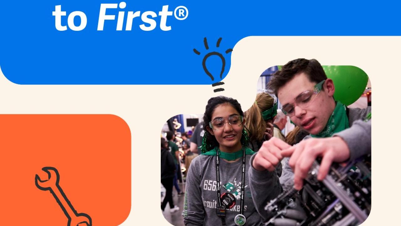 Workiva makes $10,000 donation to First! First logo and Workiva logo. A woman and a man, wearing eye protection, are working on a robotics project.