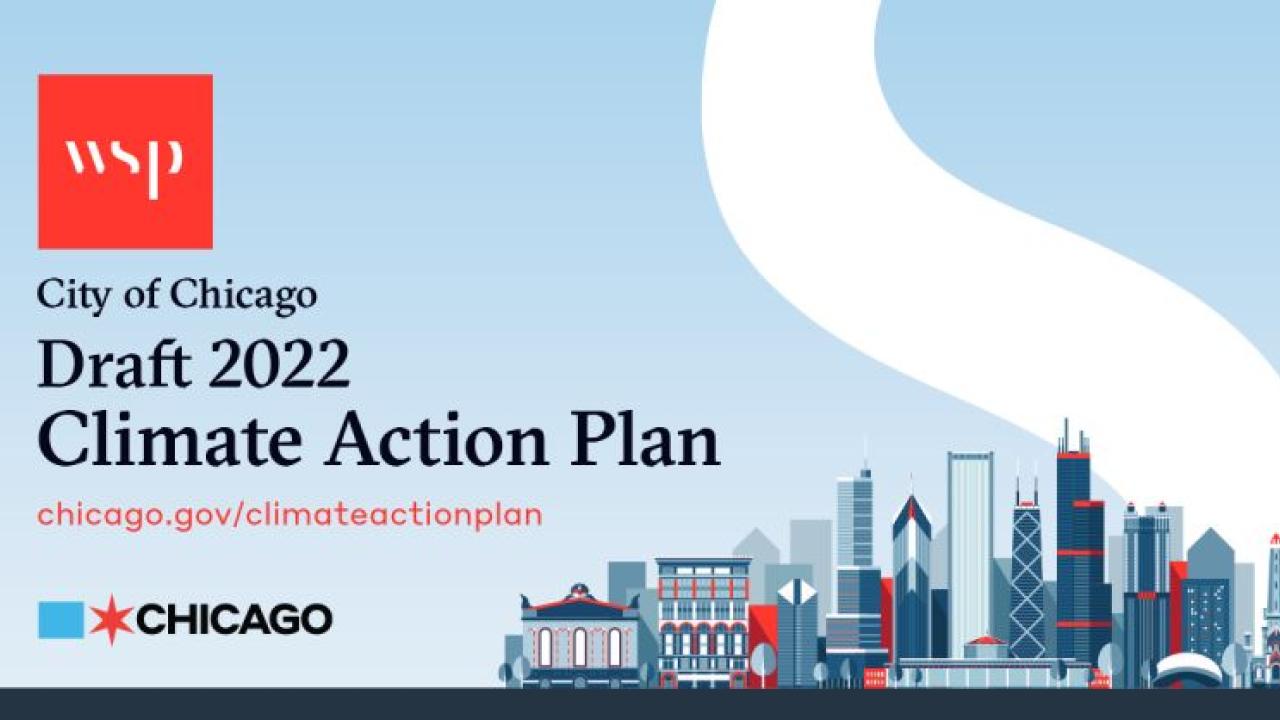 "City of Chicago Drafts 2022 Climate Action Plan", with artistic representation of a city
