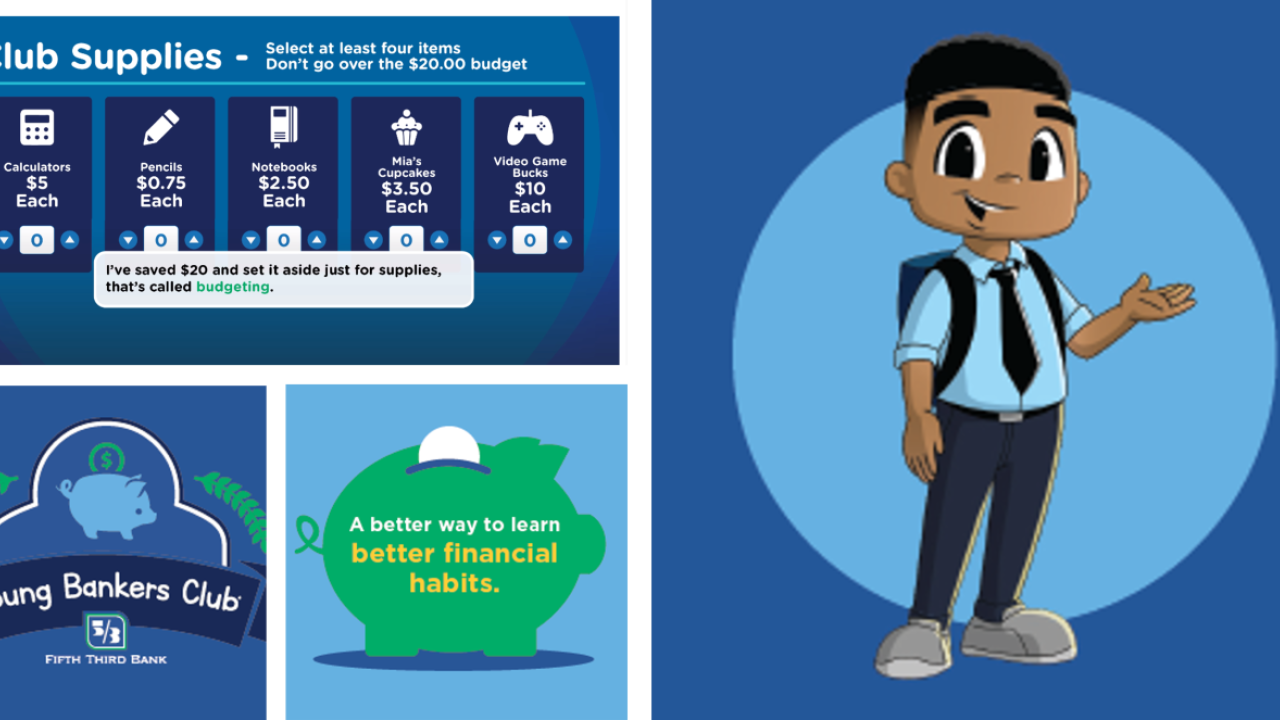 Collage of images. "Young bankers club" fifth third bank logo, a piggy bank, a digital drawn child waving with a back pack on, and "Club supplies" statistics.