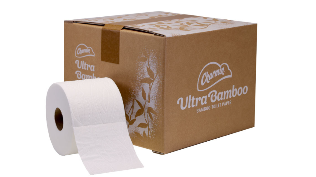Box of Charmin Ultra Bamboo and a roll of toilet paper next to it 