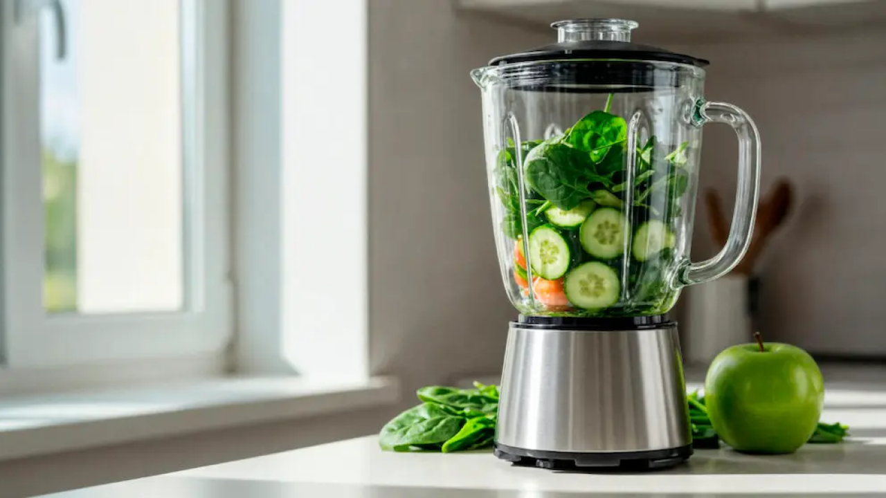 Blender shown with vegetables for a smoothie.
