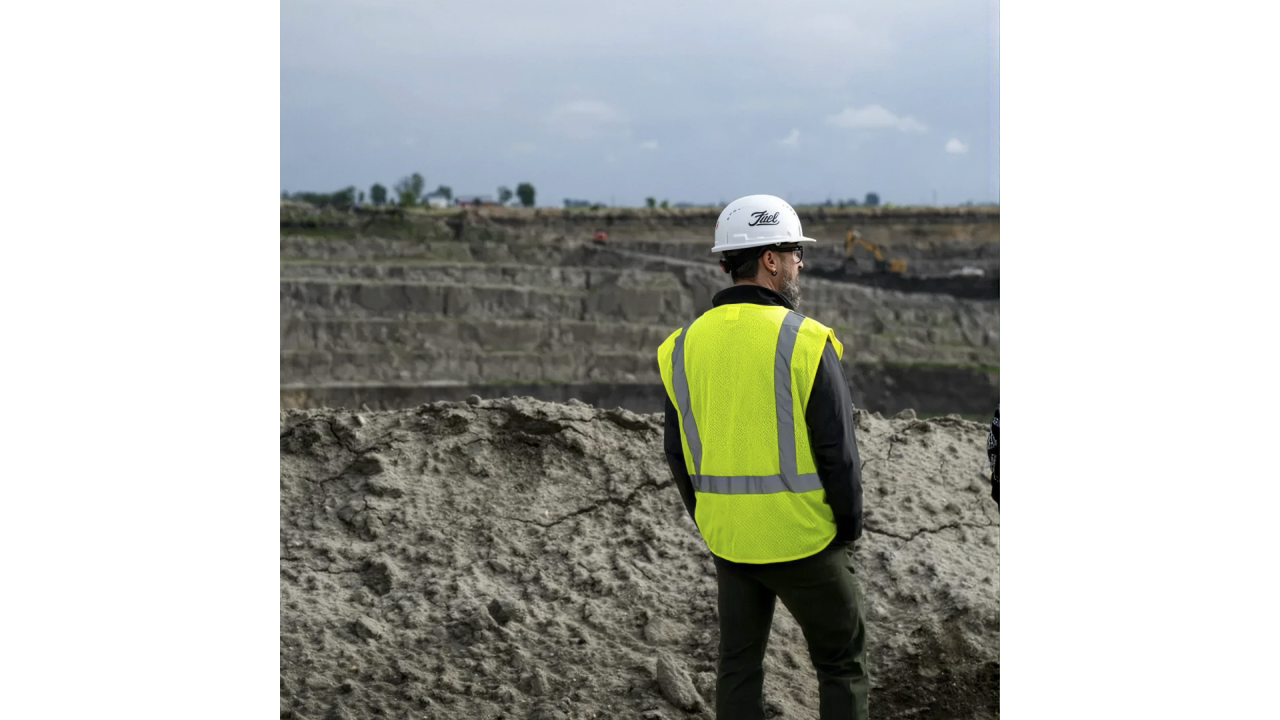 Man in hard hat and yellow vest looking out over mining site