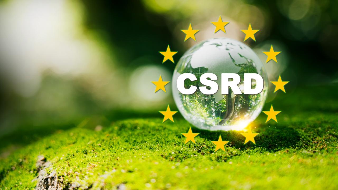 Small floating globe concept with "CSRD" in bold letters.