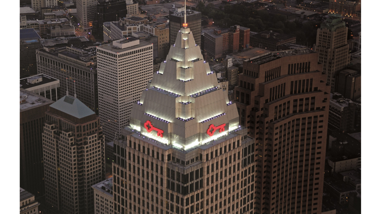 Aerial view of the KeyBank tower in Cleveland.