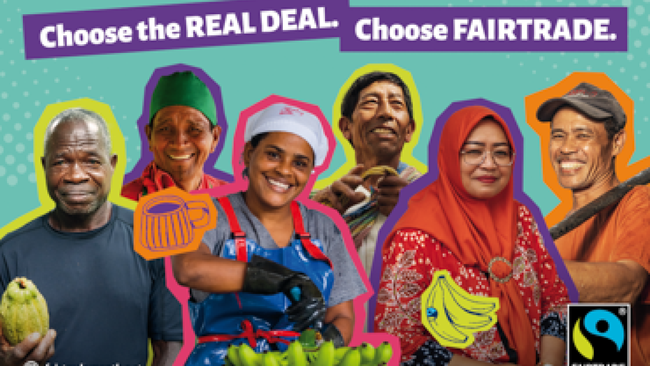 Six farmers smile to camera and display their products: cocoa, bananas, coffee, and coconut sugar. 