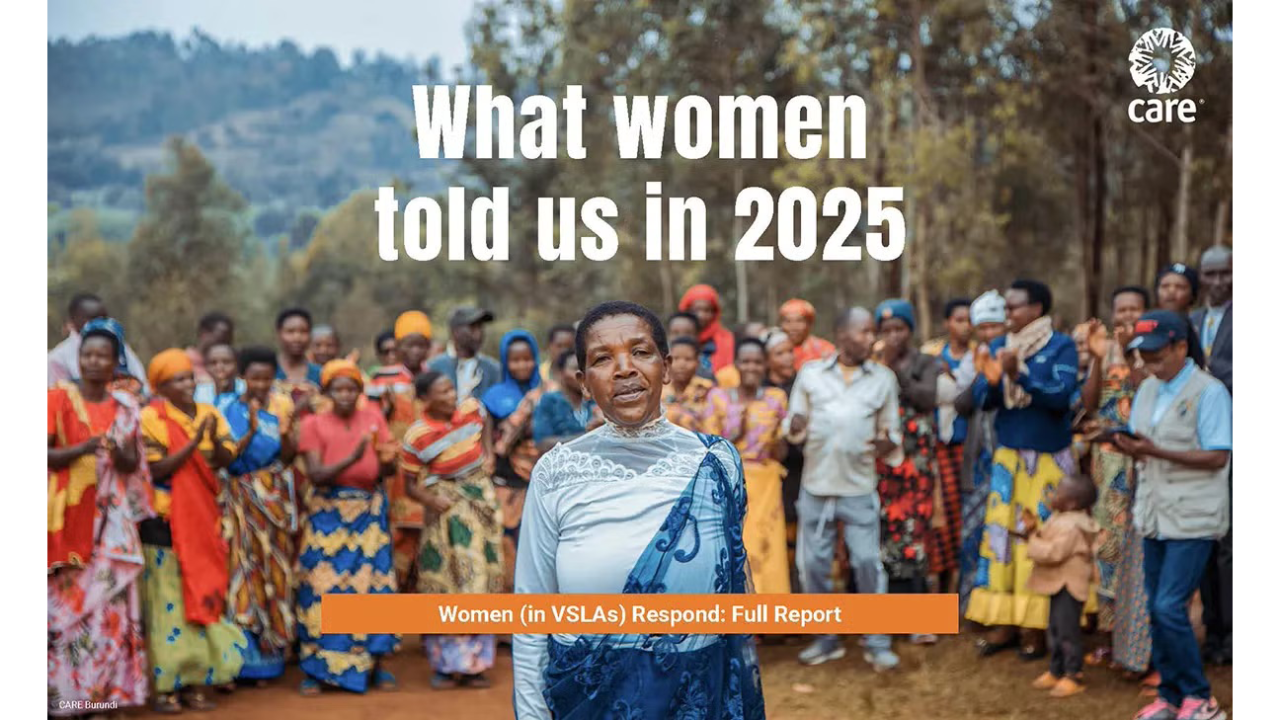 Cover of the report with a VSLA group int he background and one woman in the front