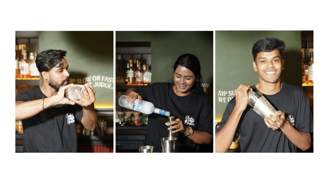 Three pictures of students mixing drinks