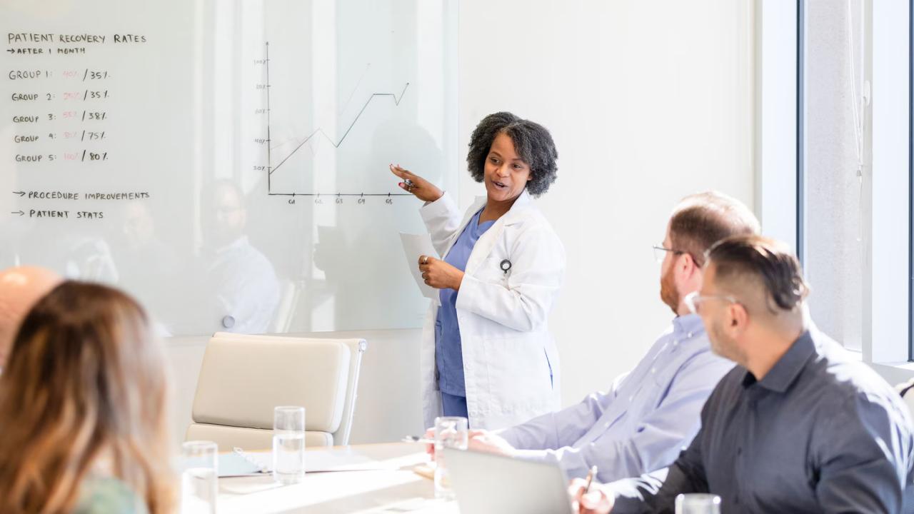 person explaining a chart to other people